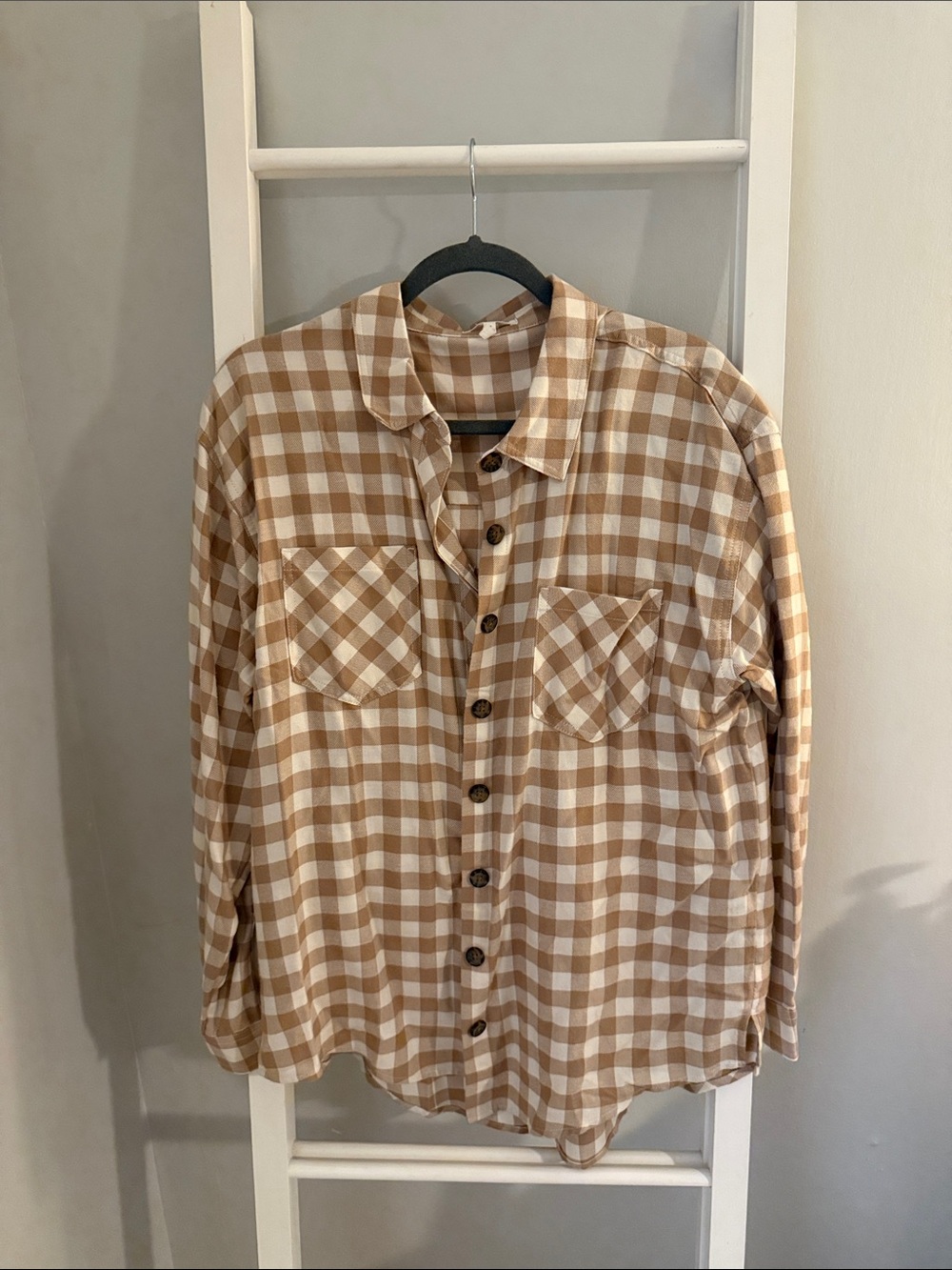 Maurices Tan and White Gingham Button-Down Shirt
